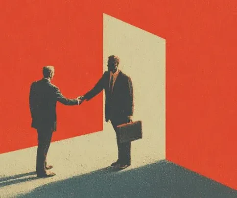 Illustration années 50 : deux hommes en costume se serrent la main devant une porte ouverte sur la lumière, l'un tient une mallette.